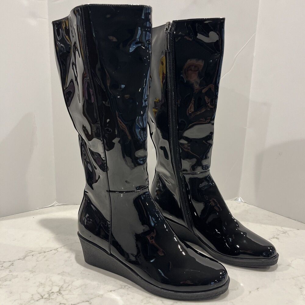 Aerosoles‎ Womens 9.5 Brenna Knee High Patent Faux Leather Wedge Boots Zip NWOB